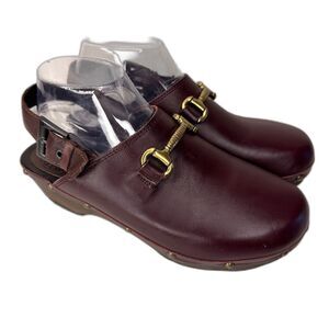 Penelope Chilvers Horsebit Clogs Womens Size 39 Burgundy Leather Gold Hardware